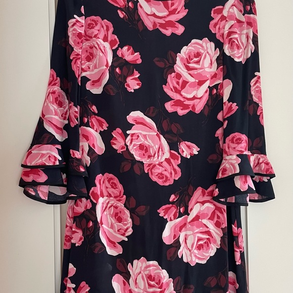 Kate Spade, Floral Ruffle Tiered Black & Pink Rose Print Rosa Shift Dress, Small - Picture 4 of 7